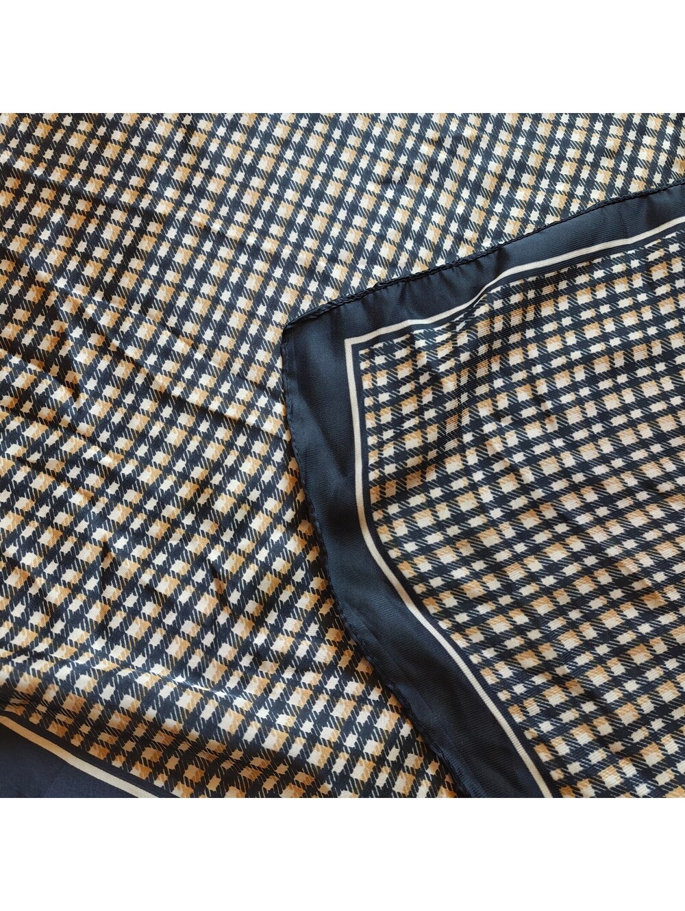 Vintage plaid brown and black large satin scarf